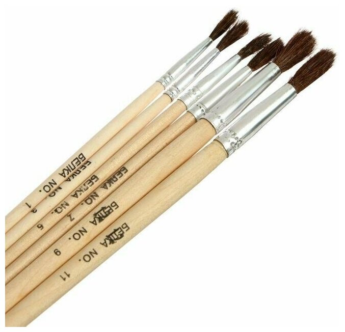 фото Набор кистей белка круглые 6 штук с деревянными ручками, блистер