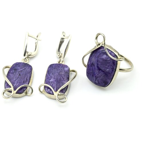 Комплект бижутерии Радуга Камня: серьги, кольцо, чароит, размер кольца 19, фиолетовый
