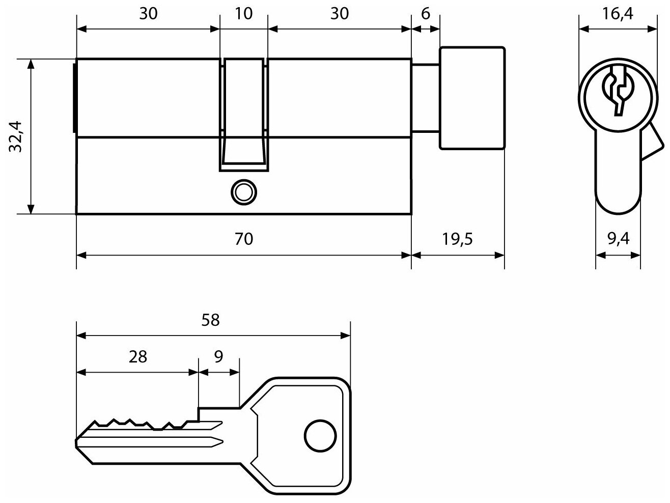 Цилиндровый механизм (личинка замка) с вертушкой для замка Стандарт Z. I.70В-5K (30Вх10х30 мм) CP, цвет хром, 5 ключей