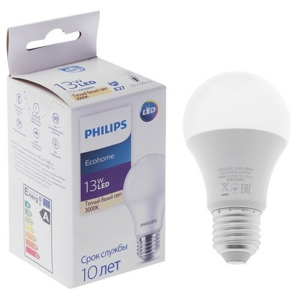 Лампа светодиодная Philips Ecohome LED Bulb 871951437773800, E27, A60, 13 Вт, 3000 К - фотография № 4