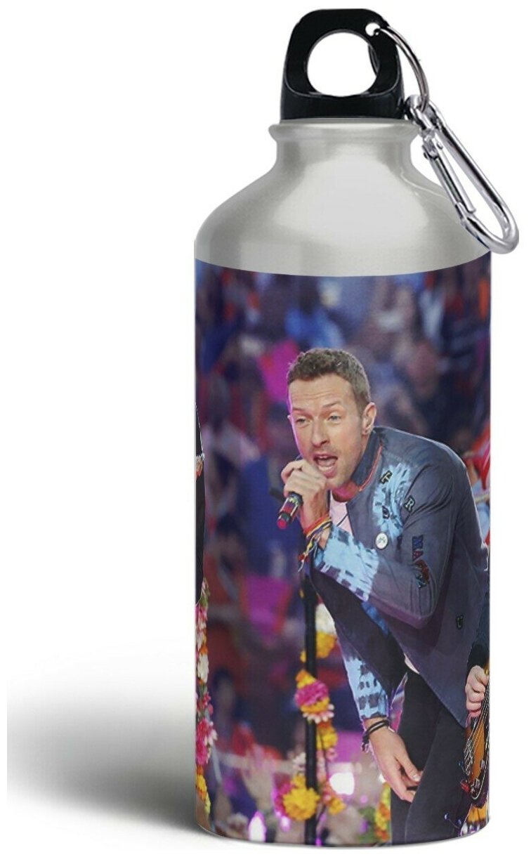 Бутылка спортивная,туристическая фляга, 500мл с карабином Coldplay(Крис Мартин, Джонни Баклэнд, Imagine Dragons) - 1003