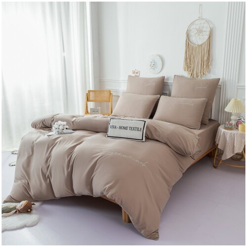 Комплект постельного белья Однотонный Сатин Вышивка на резинке CHR028/ 2 спальный