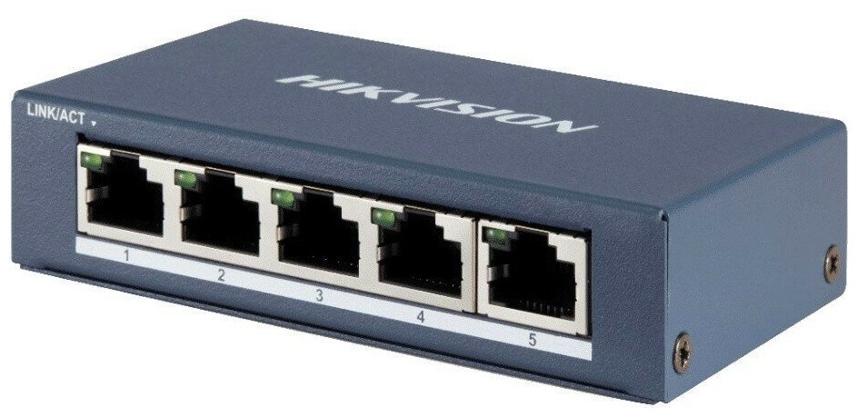 Коммутатор HIKVISION DS-3E0505-E 5 RJ45 1000M (8й-Uplink порт); таблица MAC адресов на 2000 записей; пропускная способность 16Гб/с; 5VDC, 1A