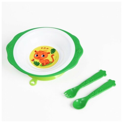 Набор посуды Леопард тарелка на присоске 250мл, вилка, ложка силиконовая ложка вилка для детей набор посуды вспомогательная еда для малышей обучение еде детская посуда гибкая мягкая вилка