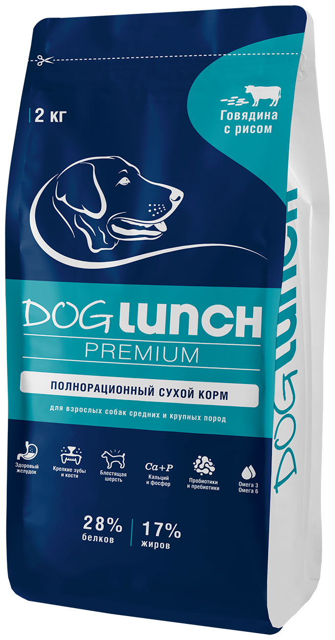 DOG LUNCH PREMIUM для взрослых собак средних и крупных пород с говядиной и рисом (2 кг)