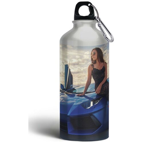 фото Бутылка спортивная,туристическая фляга, 500мл с карабином машина девушка и спорткар спортивный автомобиль - 1 brutbottle
