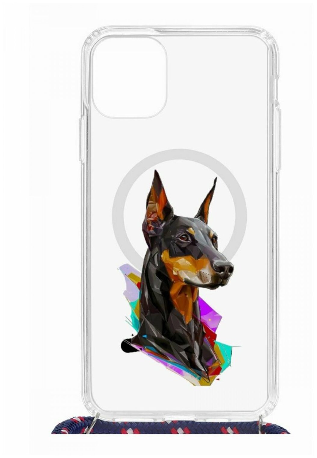 Чехол для iPhone 11 Pro Max Kruche Print MagSafe Magrope Доберман,противоударная пластиковая накладка с рисунком,силиконовый бампер со шнурком