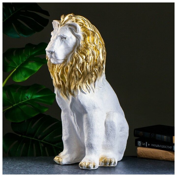 Фигура "Лев сидя огромный" перламутр/золото, 55х28х43см - фотография № 4