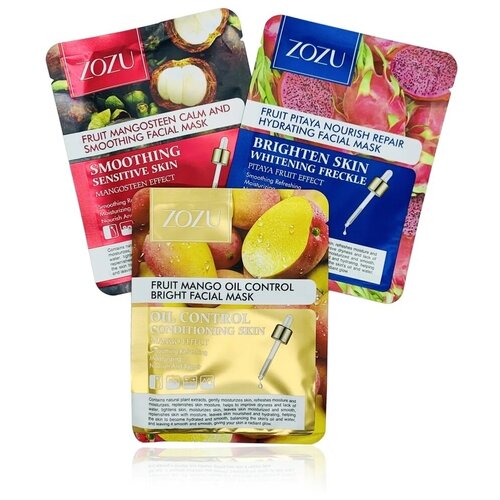 3pc skin care natural fruit plant facial mask moisturizing oil control blueberry cucumber pomegranate fruit aloe sheet face mask Zozu Набор тканевых масок для лица Тропическое наслаждение, 3 шт. х30 гр.