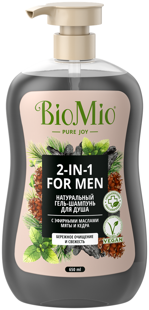 BioMio Натуральный гель-шампунь для душа BioMio 2-IN-1 For Men с эфирными маслами мяты и кедра, 650 мл