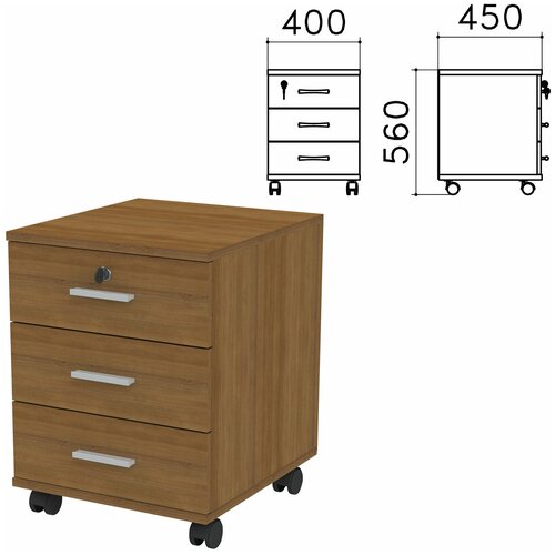Тумба подкатная Канц, 400х450х560 мм, 3 ящика, замок, цвет орех пирамидальный, ТК29.9