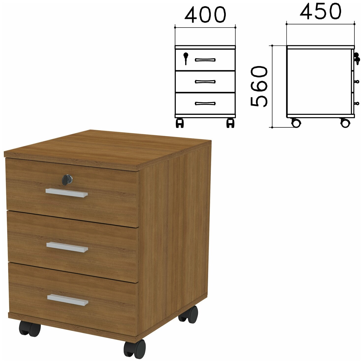 Тумба подкатная "Канц", 400х450х560 мм, 3 ящика, замок, цвет орех пирамидальный, ТК29.9 - 1 шт.