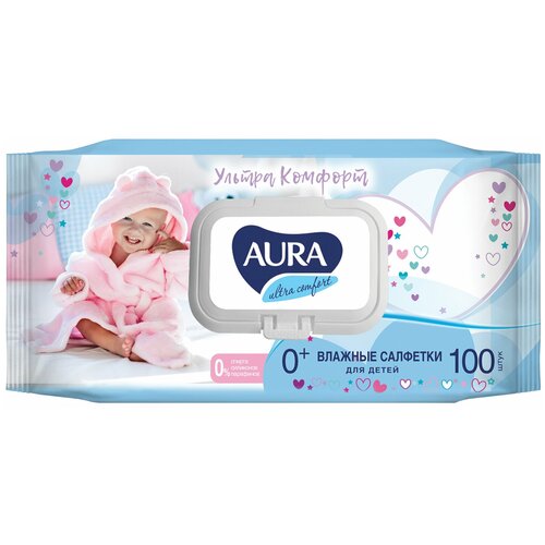 Салфетки влажные комплект 100 шт, для детей AURA "Ultra comfort", гипоаллергенные, без спирта, крышка-клапан, 6486