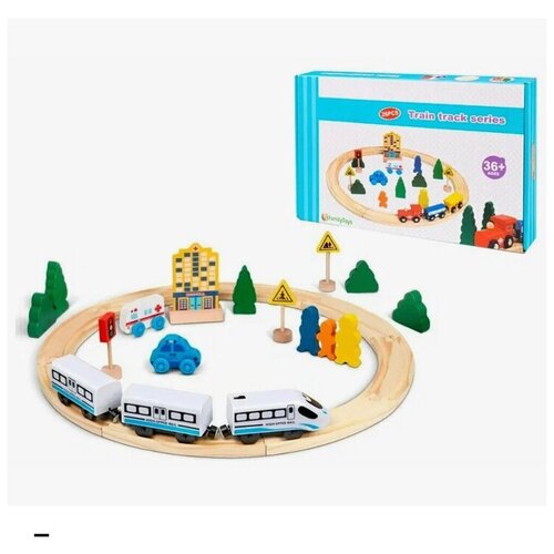 Деревянная железная дорога с электрическим поездом, 26 деталей