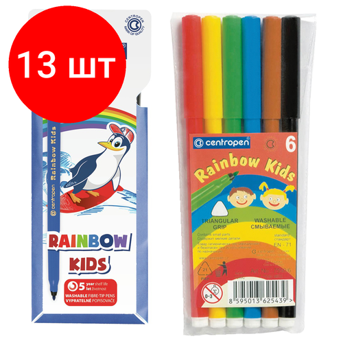 Комплект 13 шт, Фломастеры Centropen Rainbow Kids, 06цв, трехгранные, смываемые, ПВХ