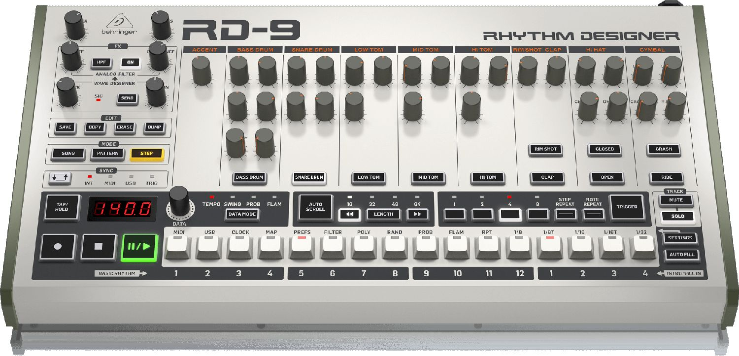 BEHRINGER RD-9 - классическая аналоговая/цифровая драм-машина, 64-шаговый секвенсор