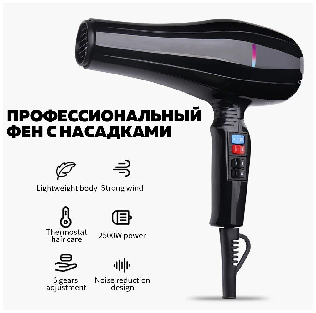 фото Профессиональный салонный Фен для волос/уход за волосами/для укладки и сушки волос/насадка концентратор/с функцией ионизации/домашний