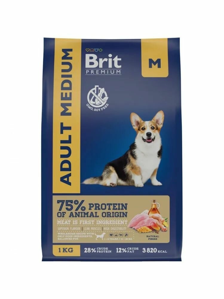 Корм сухой Brit Premium Dog Adult Medium для собак средних пород, с курицей, 1 кг