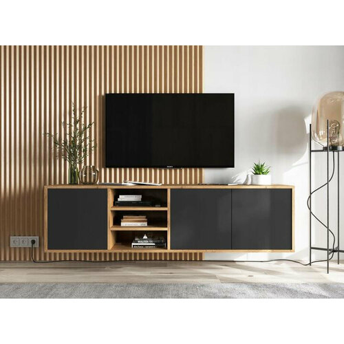 Тумба под телевизор подвесная Интериория TU-003-1513 150*35*40 Дуб Крафт золотой/Черный