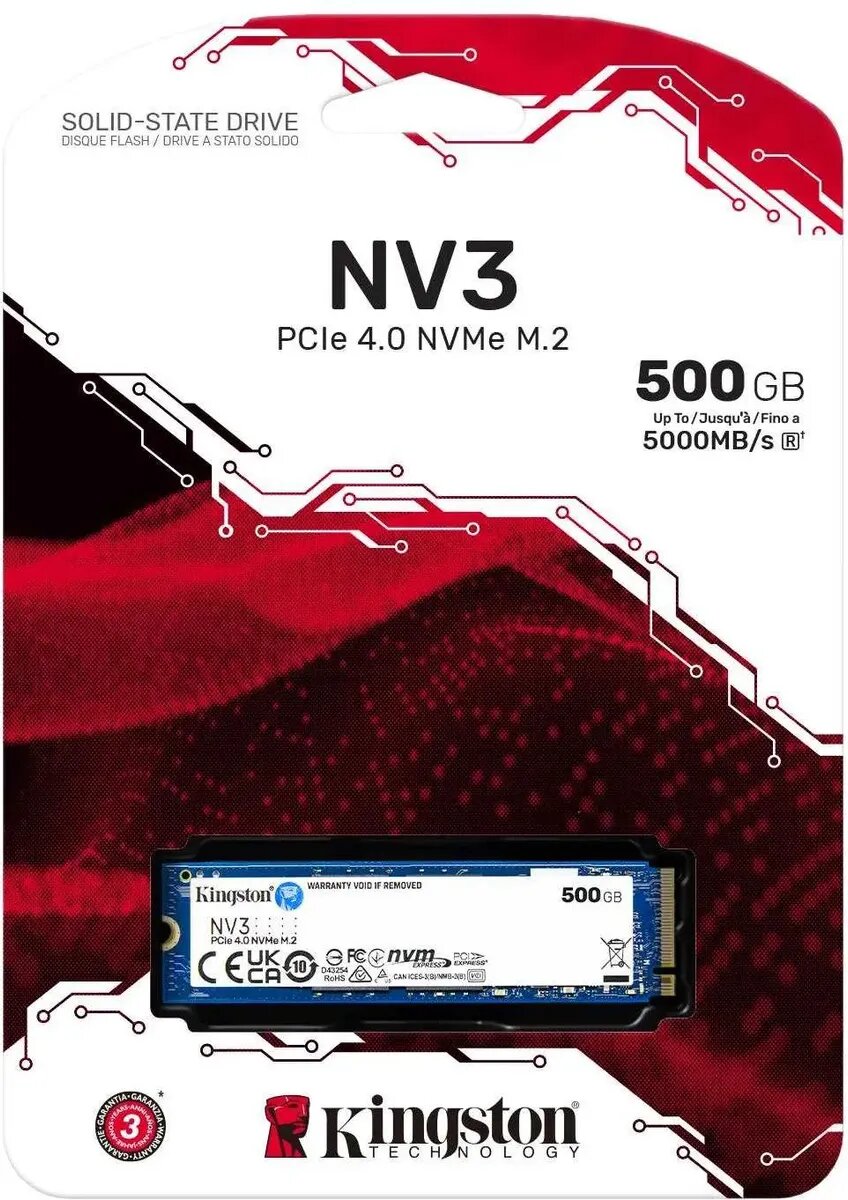 Жесткий диск SSD M.2 500Gb Kingston NV3, 5000/3000MBs, 250000 IOPS, TLC 3D NAND, 2280, PCI-E 4.0 x4 (SNV3S/500G)
