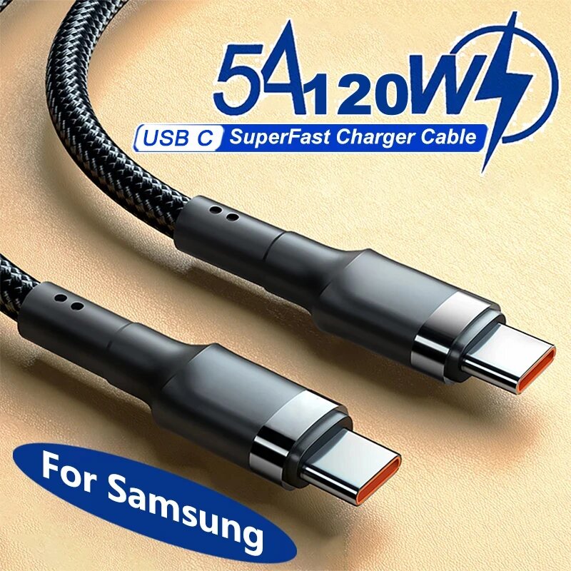 PD 120 Вт Тип C Супер быстрый зарядный кабель для Samsung S24 S23 S22 S21 Ultra A54 A53 Note 10 20 USB-кабель Тип C 4.0 Быстрое зарядное устройство, 120W Black, 1.5 м — фото 1