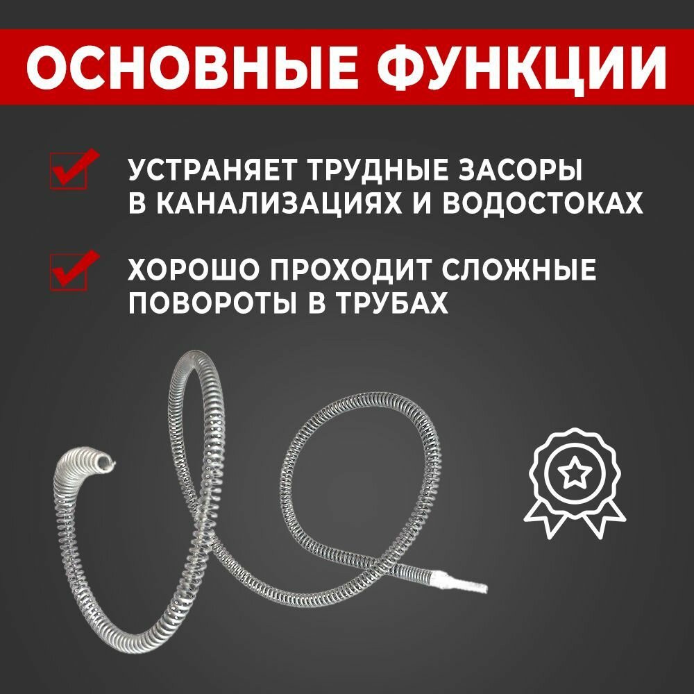 Трос сантехнический для устранения засоров и прочистки труб /Прочистка засорившихся унитазов/ 5 метров — фото 1