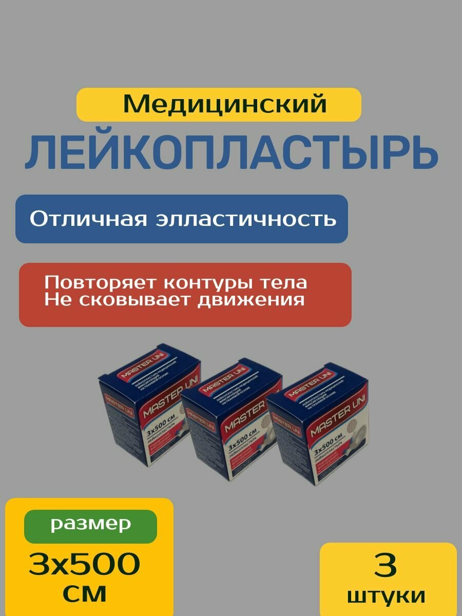 Фиксирующий Пластырь Лейкопластырь рулонный фиксирующий MASTER UNI UNIFIX, 3 х 500 см, пластырь на тканевой основе, 3 шт