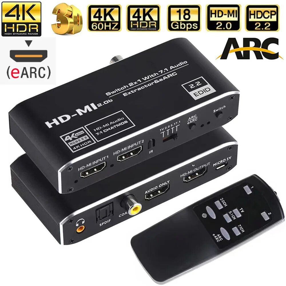 2x1 4K @ 120 Гц HDMI-совместимый переключатель 2.0 eARC Audio Extractor 4K 60 Гц 2-портовый HDMI-совместимый с ARC оптический Toslink SPDIF 35 мм Черный