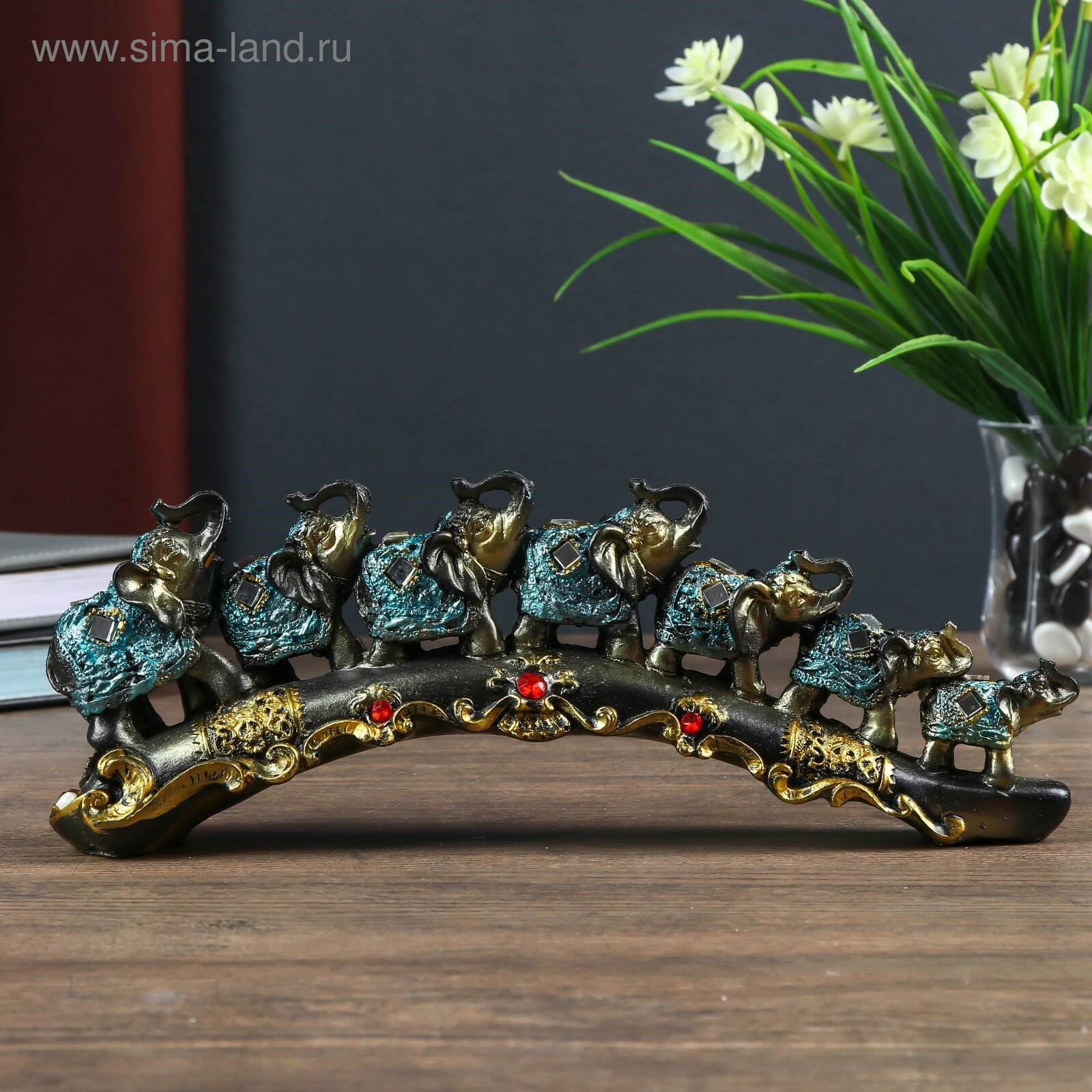 Фигура полистоун  Семь слонов в синей попоне с кистями и зеркалами на бивне   10 5 5 28 см