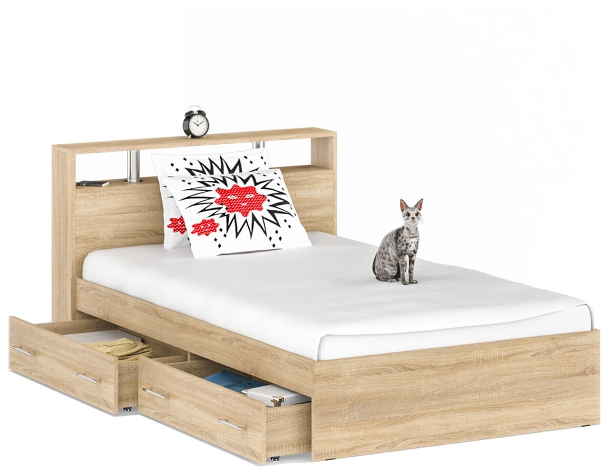 Кровать с ящиками Камелия 1200, цвет дуб сонома, ШхГхВ 123,5х217х78,2 см, спальное место 1200х2000 мм, без матраса, основание есть