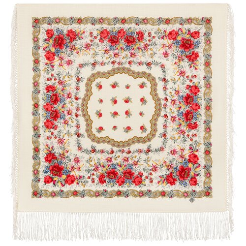 Павловопосадские платки/ Шерстяной платок с шелковой бахромой, 1900 Родной напев, вид 0, белый