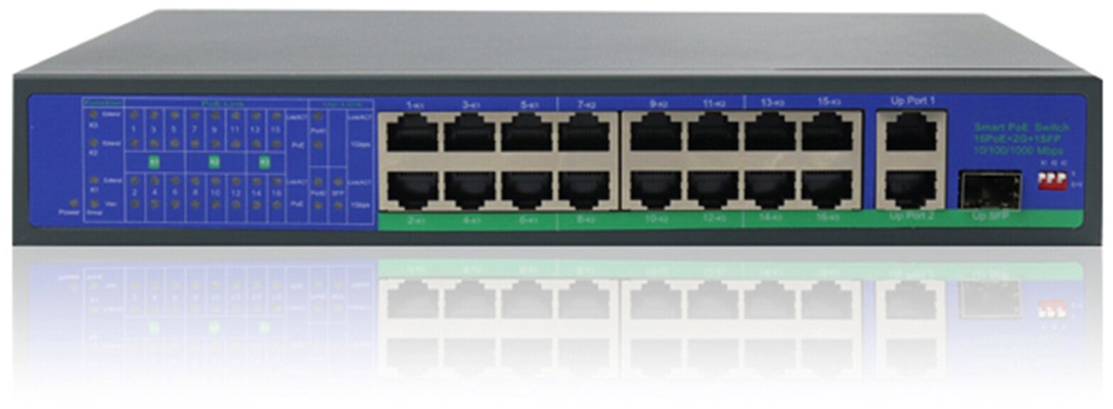 PoE Коммутатор XVI SWP1016 19 портов 16 100Мбитс с PoE 2 1Гбитс 1xSFP 240Вт