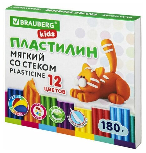 Пластилин мягкий восковой BRAUBERG KIDS, 12 цветов, 180 г, со стеком, 106495