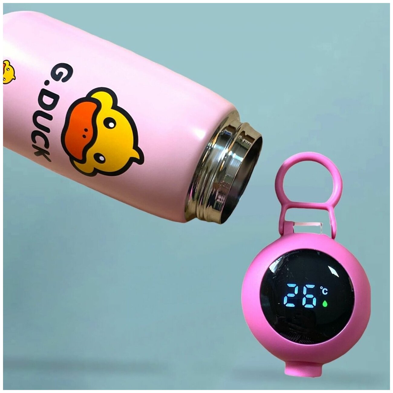Термос с индикатором температуры Утенок 420 мл / Крышка с кнопкой / Дисплей с термометром / Детский термос в подарочной коробке VITTOVAR (розовый)) - фотография № 2