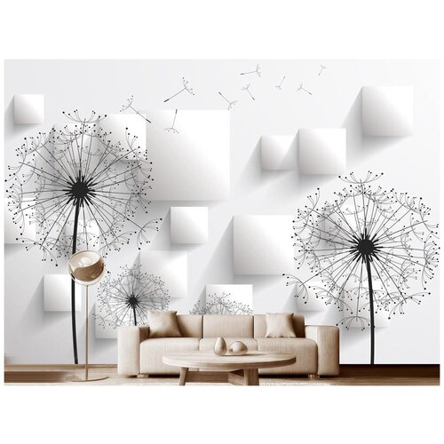Фотообои на стену флизелиновые Модный Дом Одуванчики с белыми квадратами 400x280 см (ШxВ), в спальню, гостиную