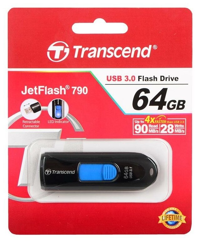 USB флешка Transcend 64Gb JetFlash 790K black USB 3.1 Gen 1 (90/28 Mb/s)
