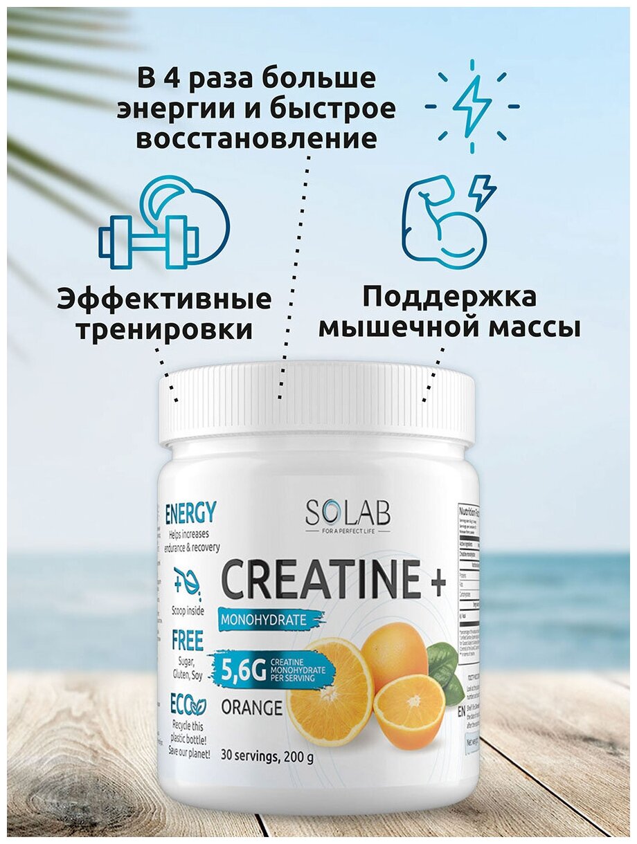 SOLAB Креатин моногидрат порошок 30 порций, Creatine Monohydrate, вкус апельсин, 200 гр спортивное питание