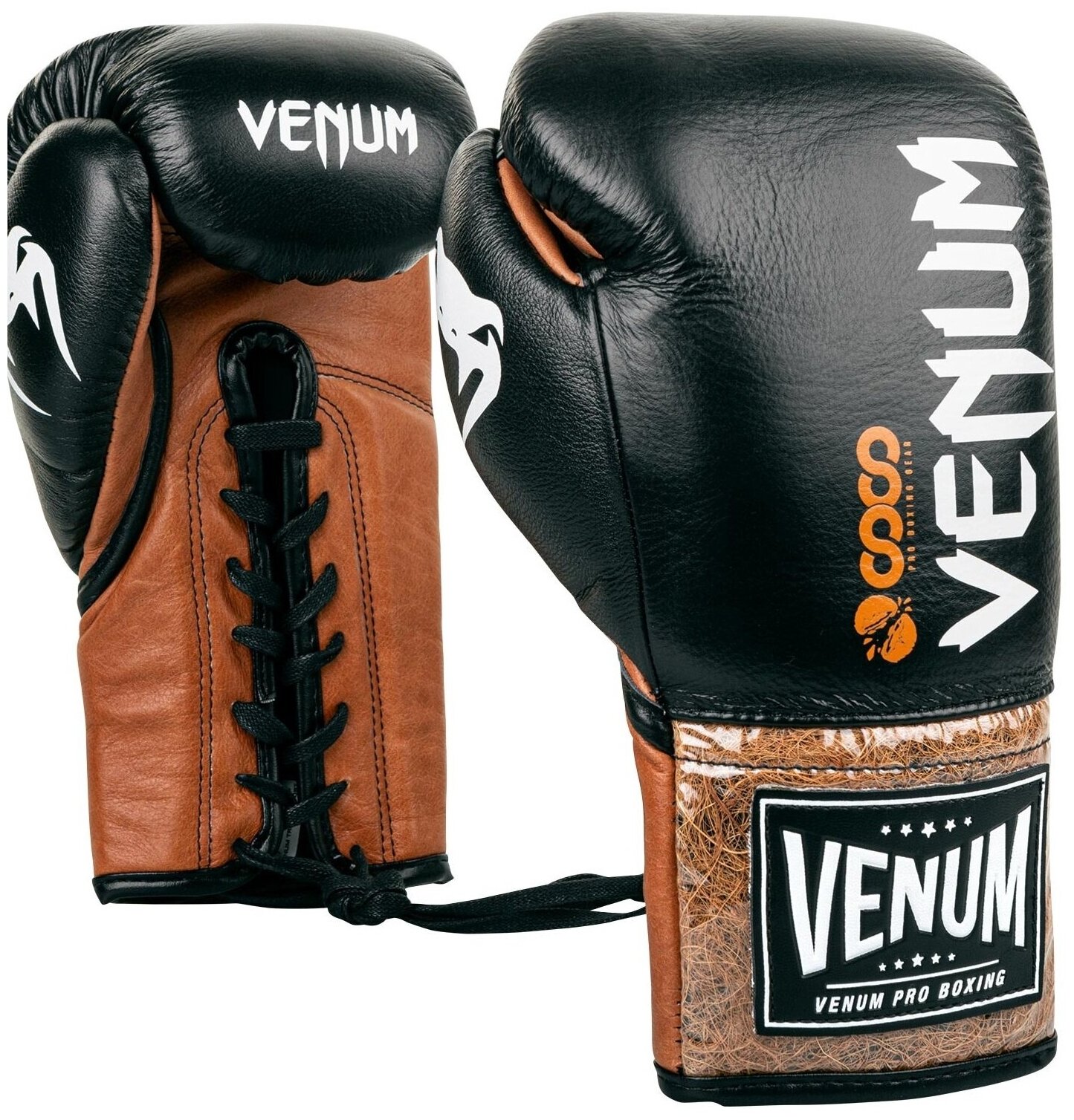 Боксерские перчатки боевые Venum Coco Monogram Pro на шнуровке черно-коричневые 10 унций