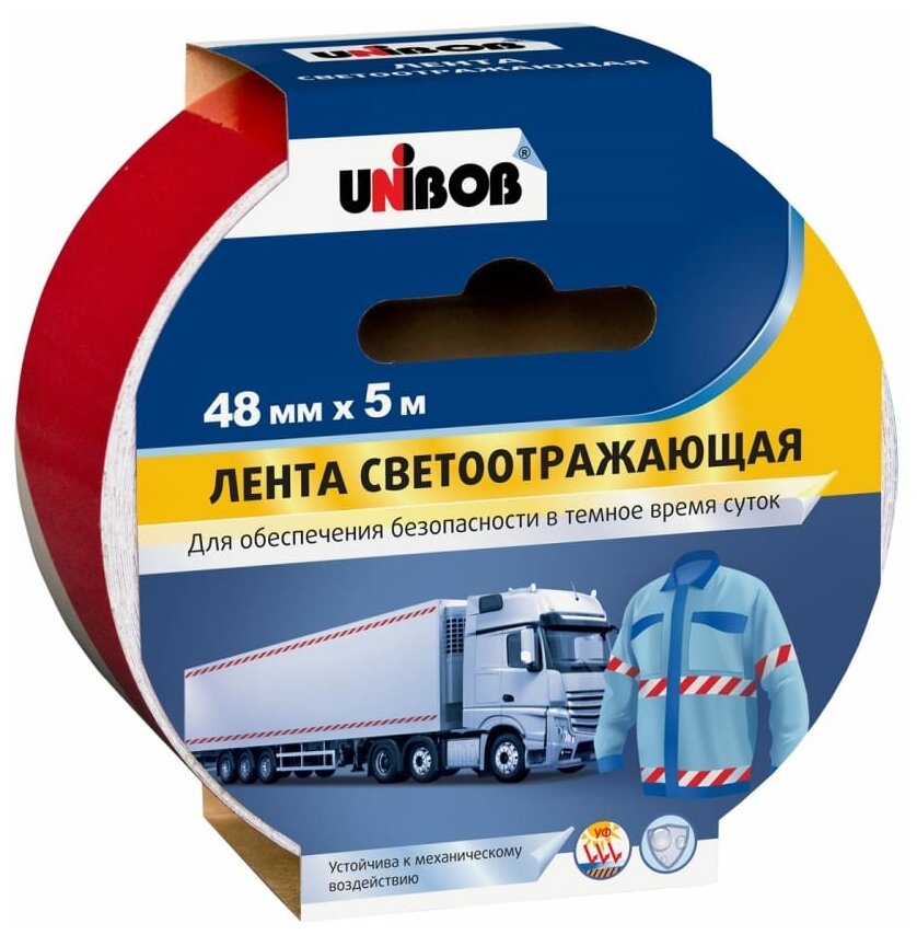 Клейкая лента UNIBOB разметочная светоотражающая 48 мм х 5 м Красно Белая 214946