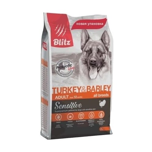 Сухой корм для взрослых собак Blitz (Блиц) Sensitive Turkey & Barley Adult Dog All Breeds индейка/ячмень, 2кг