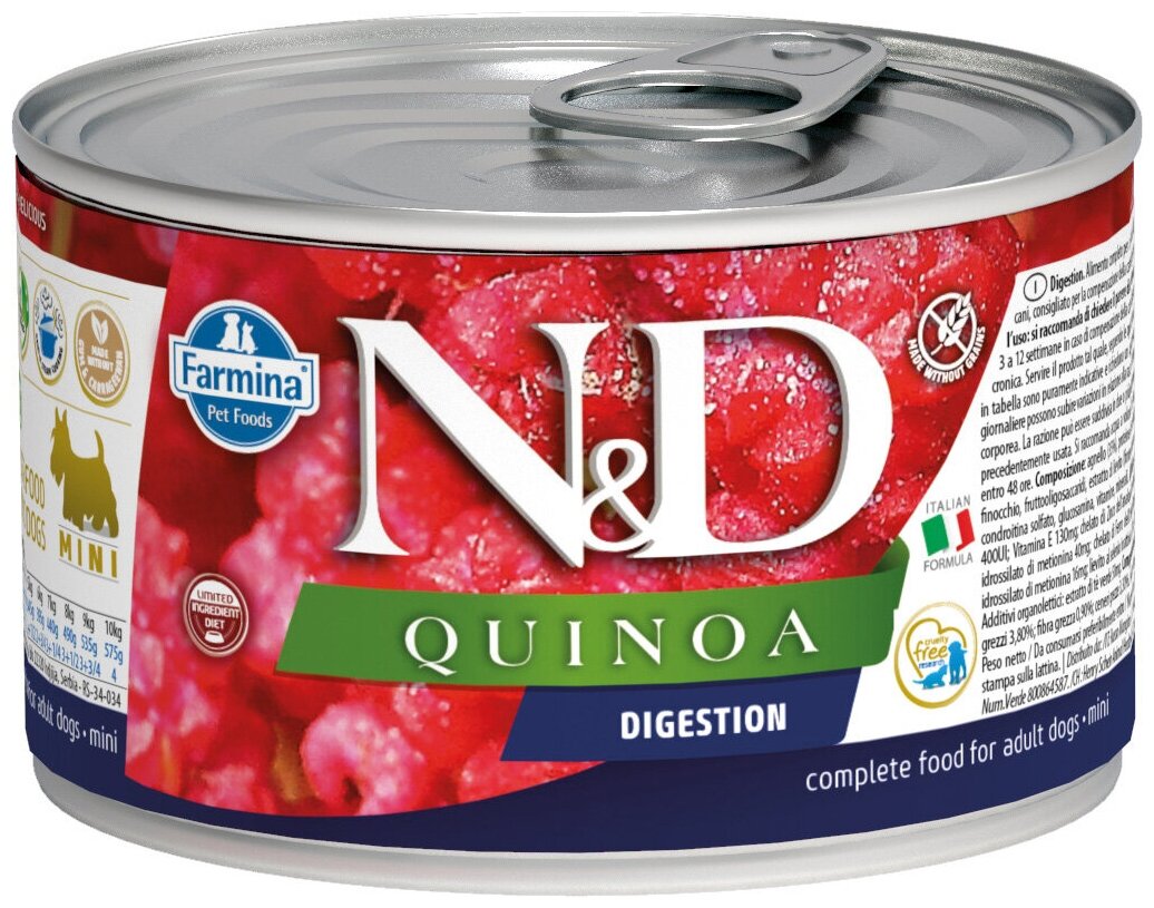 FARMINA DOG N&D QUINOA ADULT MINI DIGESTION беззерновые для взрослых собак маленьких пород с чувствительным пищеварением с ягненком и киноа (140 гр)