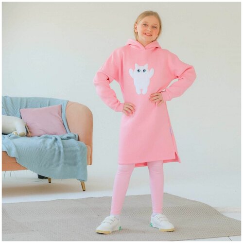 Тёплое розовое платье для девочек с ушками «Котёнок Уля» на 7 лет (122 см)
