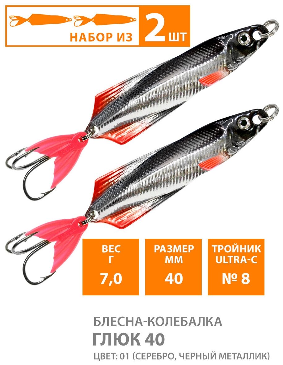 Блесна колебалка AQUA глюк 40mm 7g. Рыболовная приманка колеблющаяся для спиннинга троллинга на щуку судака окуня цвет 02