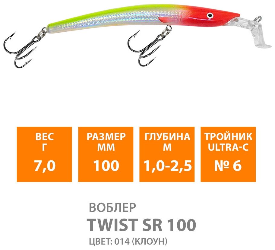 Воблер для рыбалки плавающий AQUA Twist SR 100mm 7g заглубление от 1 до 2.5m цвет 014