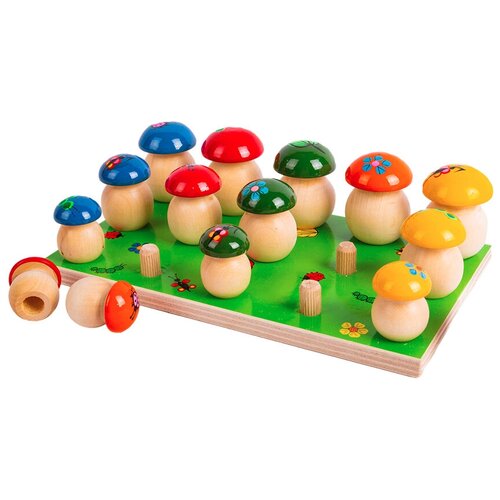 фото Развивающие игрушки грибы на поляне 15 шт., настольные деревянные игры для детей, деревянные сортеры для малышей нескучные игры