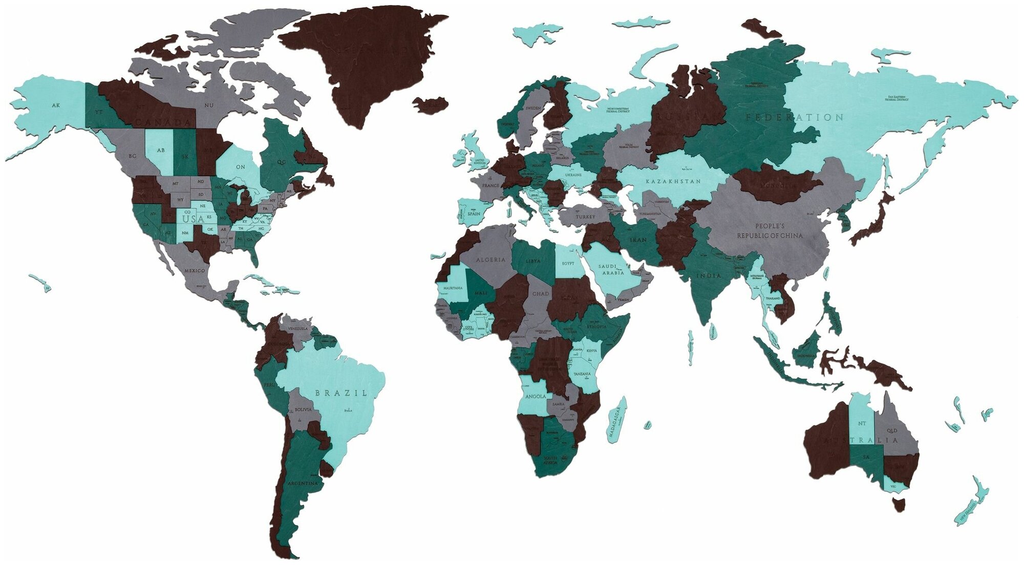 EWA Деревянная Карта Мира настенная, объемная 3 уровня, размер L (192x105 см), цвет изумуруд