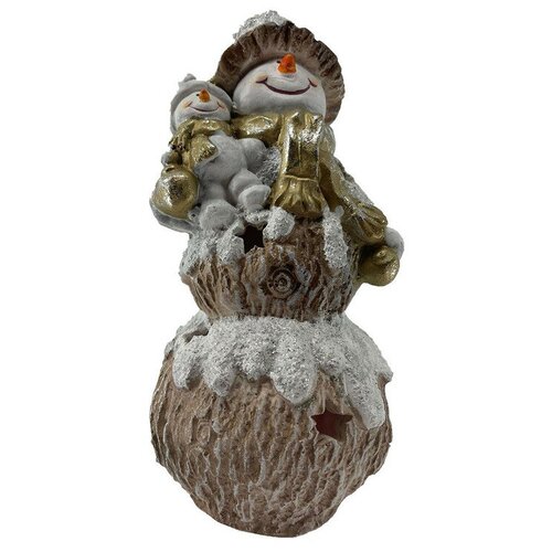 Новогодняя фигурка, статуэтка из полистоуна 'Снеговичек с скворечником на руках 12x13x24 см'.