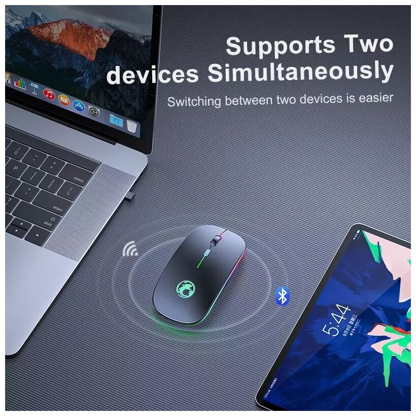 Игровая компьютерная мышь беспроводная E-1300 RGB с бесшумным кликом Bluetooth цвет серый