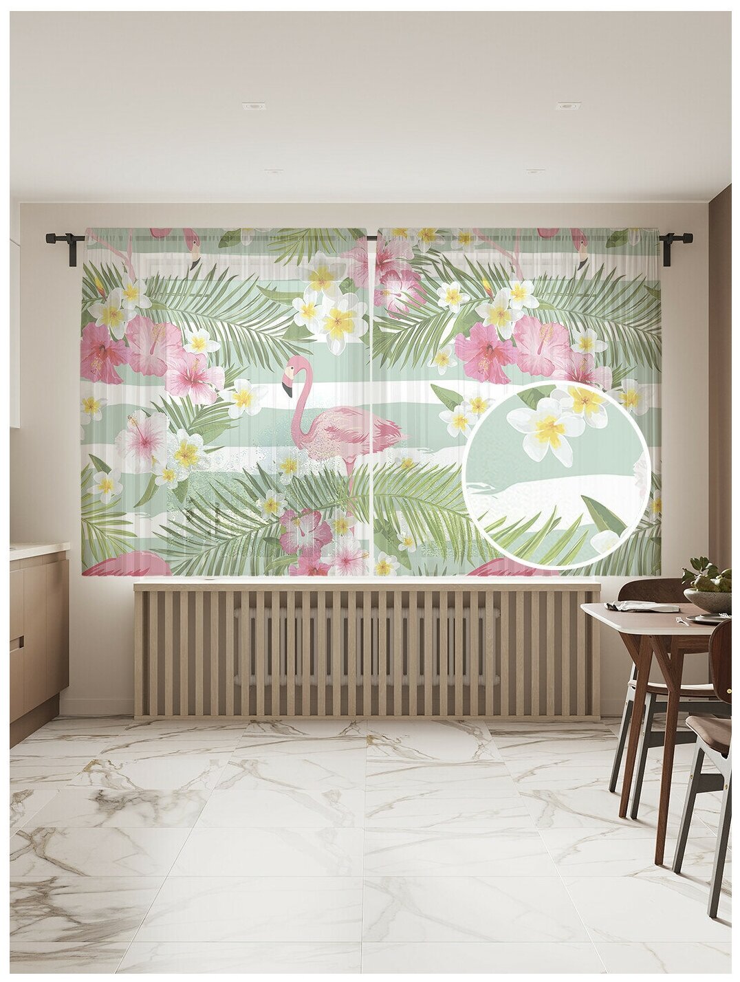 Тюль для кухни и спальни JoyArty "Фламинго с цветами", 2 полотна со шторной лентой шириной по 145 см, высота 180 см.