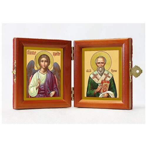 Складень именной Священномученик Рустик Парижский - Ангел Хранитель, из двух икон 8*9,5 см